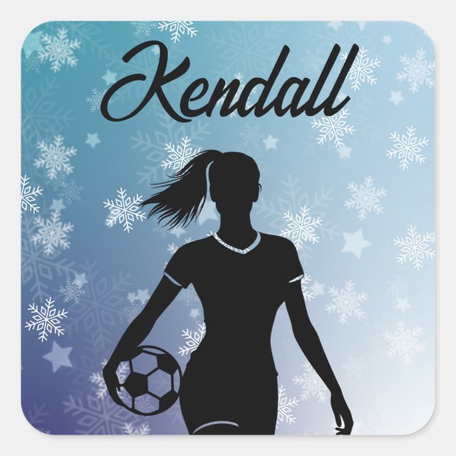 Sticker Carré Fille de soccer Personnalisé Hiver Ombre Flocon de (Devant)