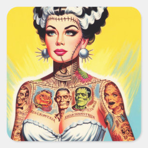 Sticker Carré Fille d'horreur tatouée vintage
