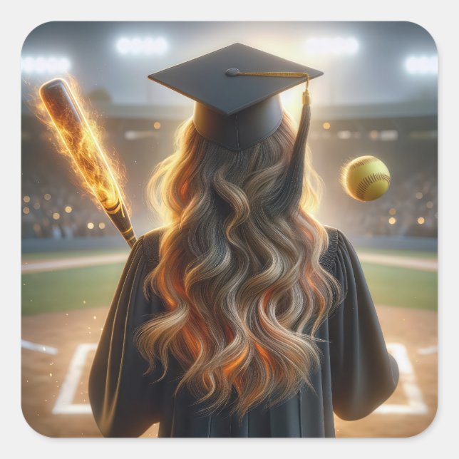 Sticker Carré Fille Diplômée Avec Chat Flamant et Softball (Devant)
