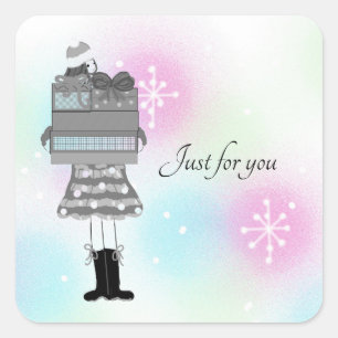 Sticker Carré Fille Élégante Avec Colis de Noël