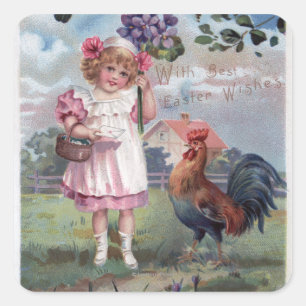 Sticker Carré Fille en rose tenant des fleurs violettes