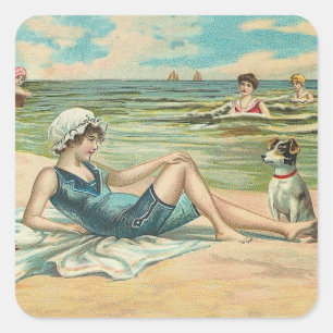 Sticker Carré Fille et chien victoriens vintage au bord de la me