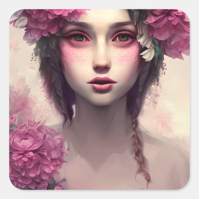 Sticker Carré Fille éthérée avec des taches roses (Devant)