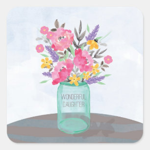 Sticker Carré Fille Fête des mères Mason Jar Vase