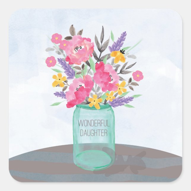 Sticker Carré Fille Fête des mères Mason Jar Vase (Devant)
