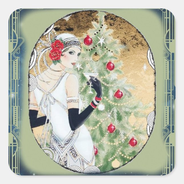 Sticker Carré Fille Flamme de Noël avec boisson et arbre (Devant)