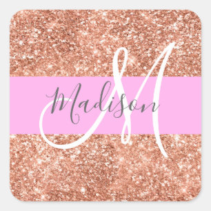 Sticker Carré Fille Glam rose Pêche or Parties scintillant Nom d