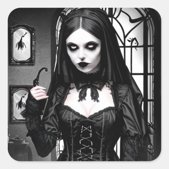 Sticker Carré Fille gothique déplaisante en Halloween noir et bl (Devant)