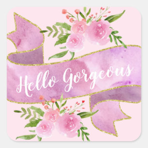 Sticker Carré Fille Jolie florale rose bonjour magnifique or