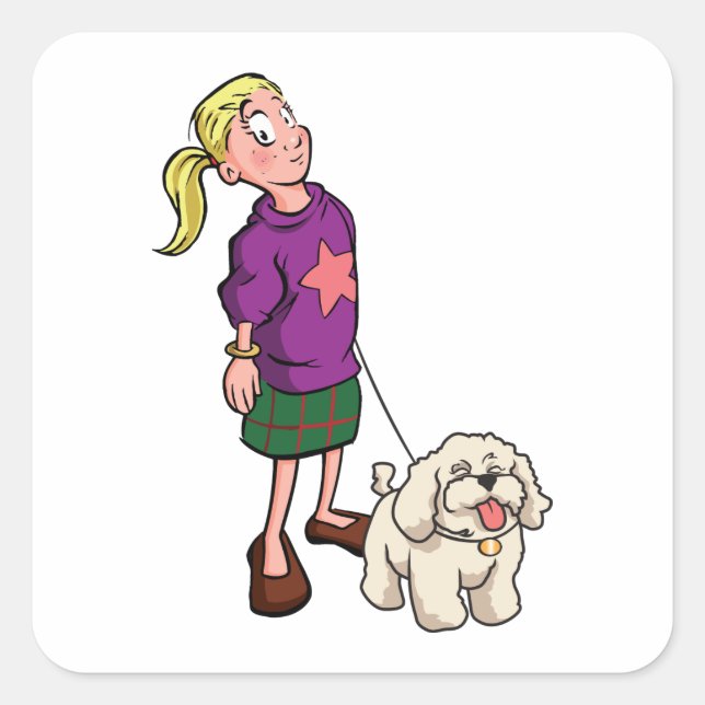 Sticker Carré Fille Marchant Un Chien (Devant)