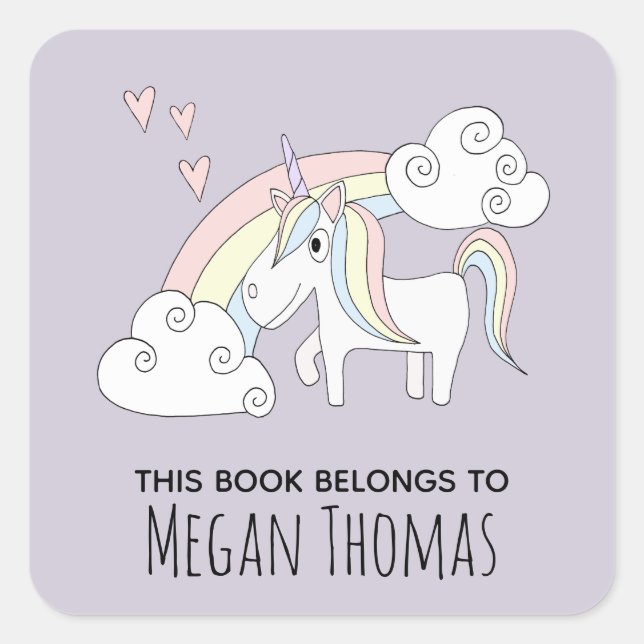 Sticker Carré Fille mignonne Ce livre appartient Rainbow Unicorn (Devant)