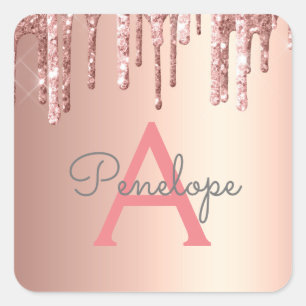 Sticker Carré Fille Parties scintillant rose Monogrammé Rose gou