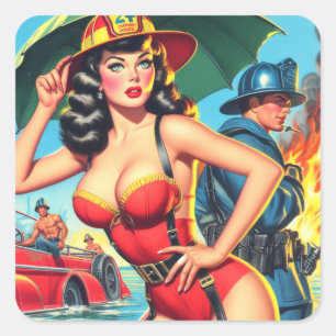 Sticker Carré Fille pompier rétro