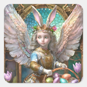 Sticker Carré Fille portant un costume d'ange de lapin de Pâques