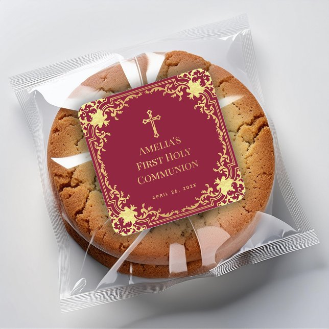 Sticker Carré Fille Première Communion Élégante Bourgogne & Faux (Créateur téléchargé)