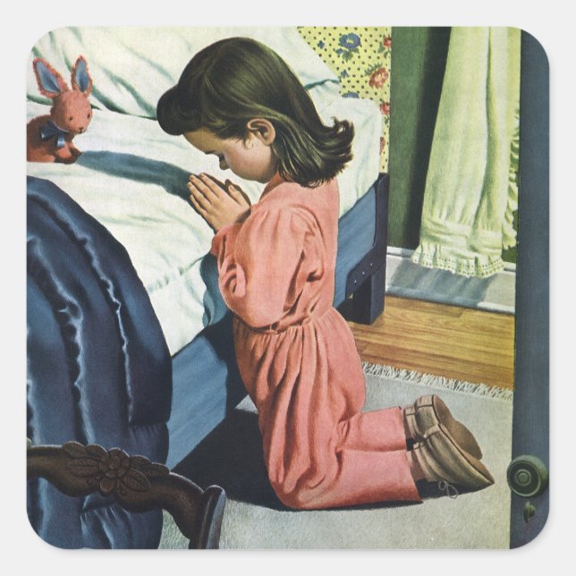 Sticker Carré Fille priant au coucher, la prière du Seigneur (Devant)