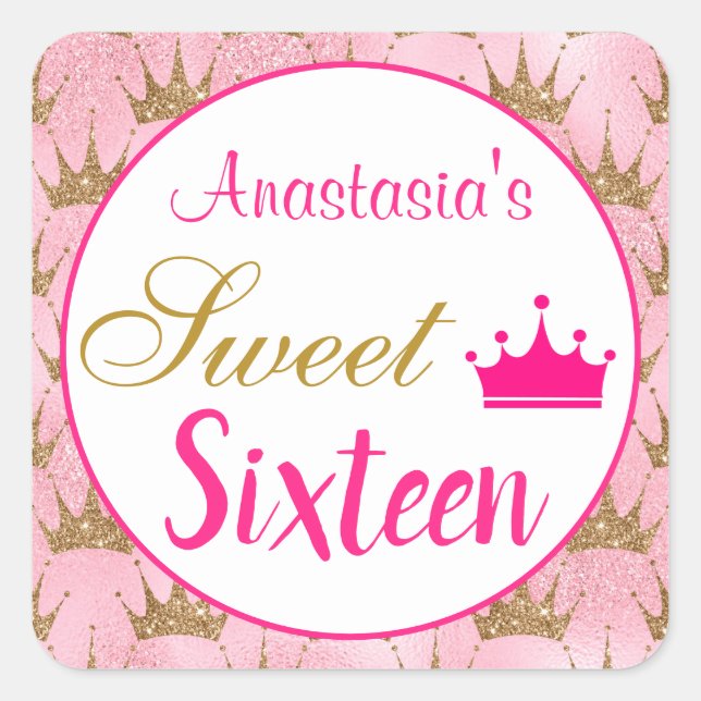 Sticker Carré Fille princesse Hot rose Parties scintillant or Sw (Devant)