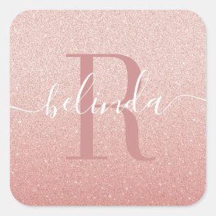 Sticker Carré Fille Rose Gold Blush rose Monogramme Nom Carré St