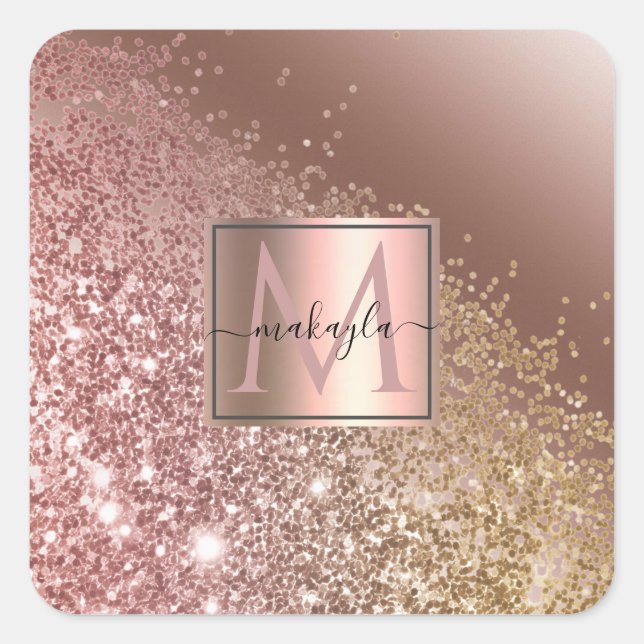 Sticker Carré Fille Rose Gold Parties scintillant Nom Monogramme (Devant)
