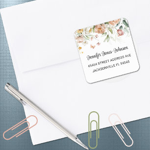 Sticker Carré Fille Rose Pâle Baby Shower Adresse Florale