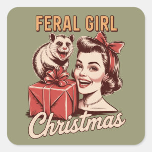 Sticker Carré Fille Sauvage Noël Opossum Xmas Rétro Branché
