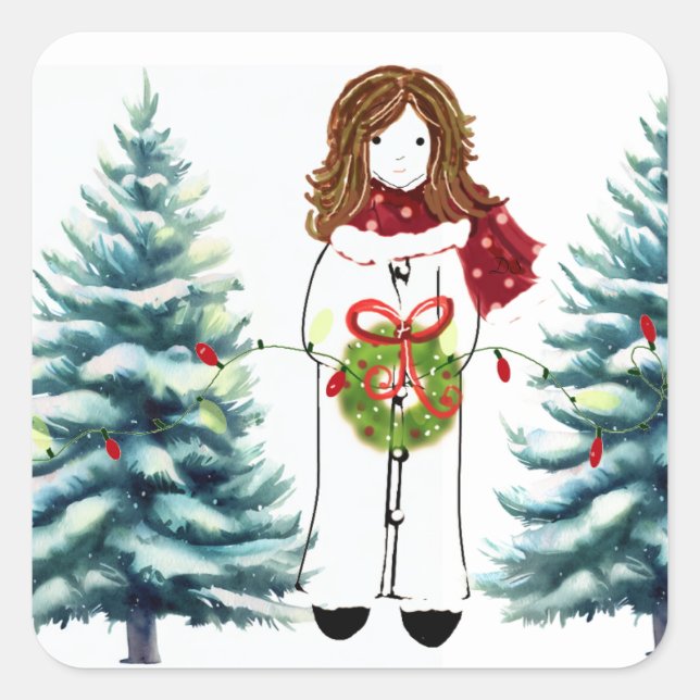 Sticker Carré Fille se préparer pour Noël (Devant)