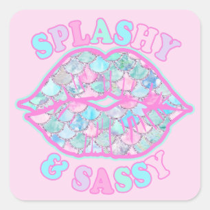 Sticker Carré Fille Splashy & Sassy Rose Turquoise Mermaid Kiss
