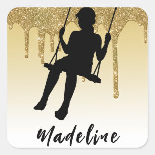 Sticker Carré Fille sur Swing Gold Parties scintillant Drip Ombr