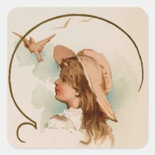 Sticker Carré Fille vintage avec des oiseaux