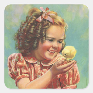 Sticker Carré Fille vintage avec poussin, enfant heureux sourian