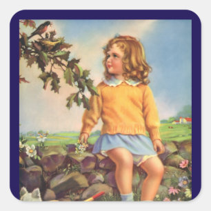 Sticker Carré Fille vintage regardant des oiseaux dans un arbre,