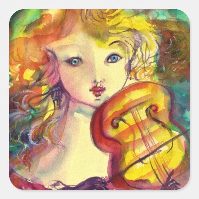 STICKER CARRÉ FILLE VIOLINISTE, VIOLIN ET CAT (Devant)