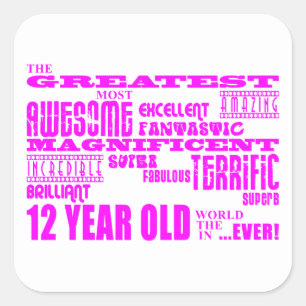 Sticker Carré Filles 12e anniversaire : Rose Plus grand 12 ans