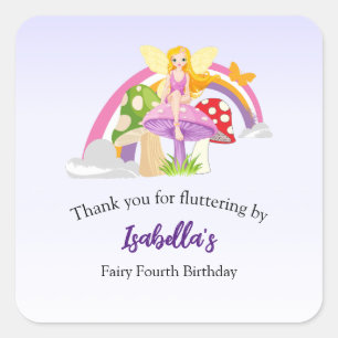 Sticker Carré Filles Fée Champignon Arc-en-ciel Anniversaire 