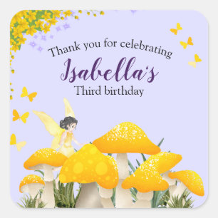 Sticker Carré Filles Fée Jaune Champignon Papillon Anniversaire