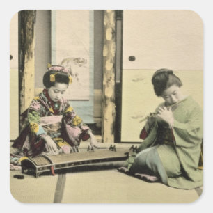 Sticker Carré Filles japonaises jouant la cannelure, le "koto"