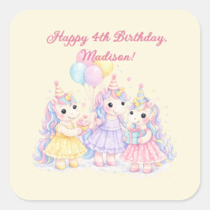 Sticker Carré Filles Licorne Anniversaire Aquarelle Pastel
