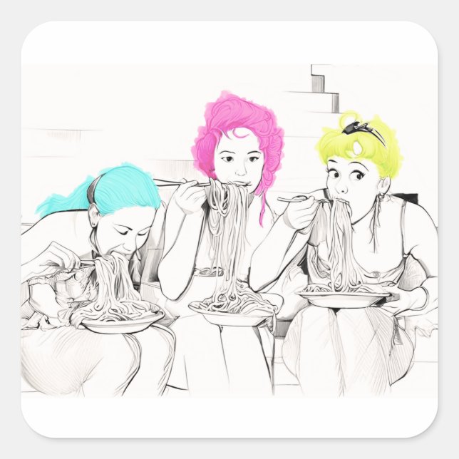 STICKER CARRÉ FILLES MANGEANT SPAGHETTI (Devant)