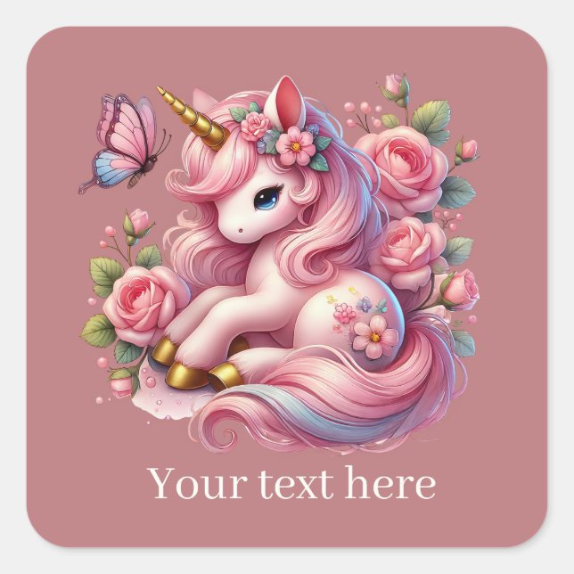 Sticker Carré Filles mignon imaginaire licorne ajouter du texte (Devant)