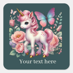 Sticker Carré Filles mignon imaginaire licorne ajouter du texte