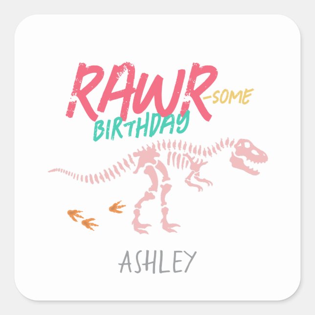 Sticker Carré Filles mignonne rose Dinosaure Anniversaire de enf (Devant)
