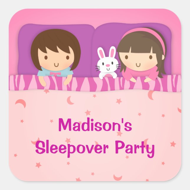 Sticker Carré Filles mignonnes Sleepover Fête de bois (Devant)