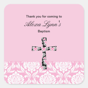 Sticker Carré Filles roses BaptismThank de damassé vous