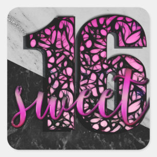 Sticker Carré Filles Roses Marbre Noir Doux 16 Anniversaire Fête