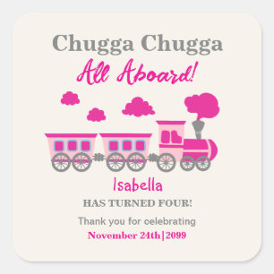 Sticker Carré Filles Train Rose N'Importe Quel Âge Fête Annivers