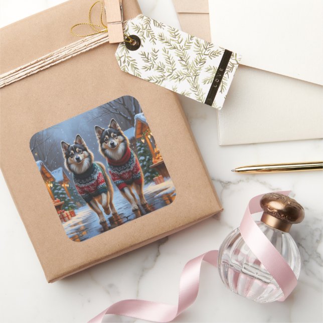 Sticker Carré Finnish Lapphund Dogs Christmas Snow Holiday (Cadeaux)