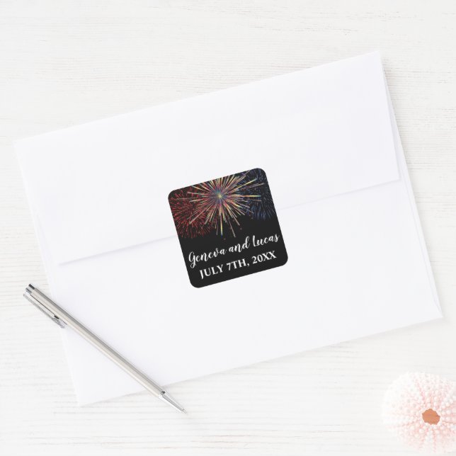 Sticker Carré Fireworks Sky Quatrième de juillet Mariage coloré (Enveloppe)