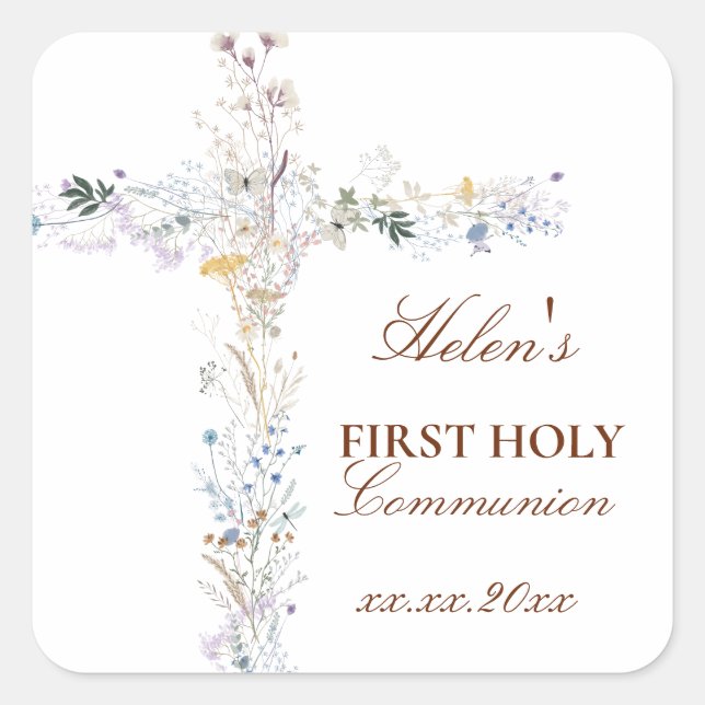 Sticker Carré First Holy Communion floral cross (Devant)