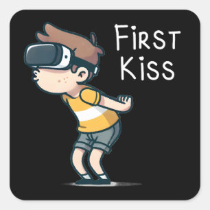 Sticker Carré First Kiss - Drôle VR Gamer Cartoon, Geeky Boy