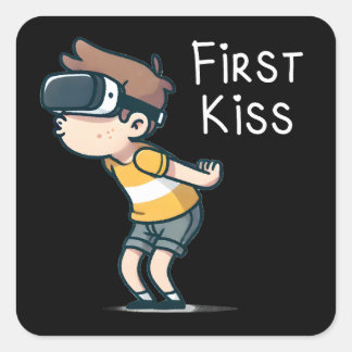 Sticker Carré First Kiss - Drôle VR Gamer Cartoon, Geeky Boy